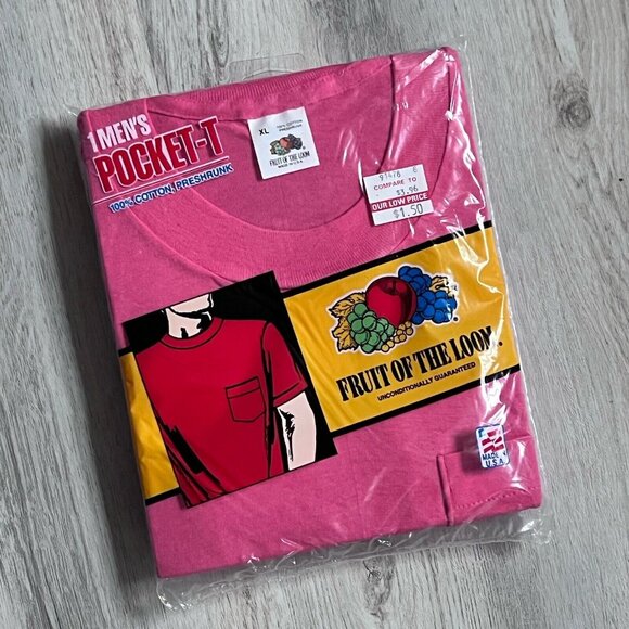 Fruit of the Loom Vintage XLarge 1991 Men Pocket T-Shirt Pink Sealed Made in USA - Picture 1 of 3